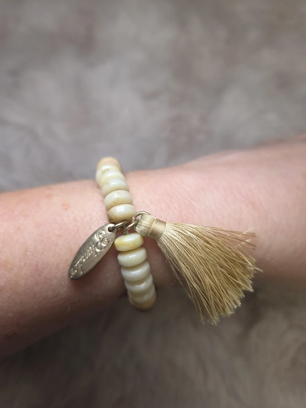 Plunder Natural Wood and Cream Boho Tassel Bracelet